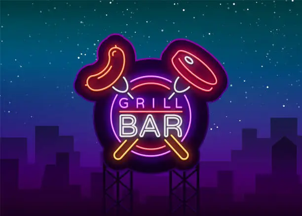 Vector illustration of Grill   in a neon style. Vector illustration on the theme of food, meat of the same. Neon sign, bright symbol, Grill bar, restaurant, snack bar, dining room. BBQ party. Bright night advertisement