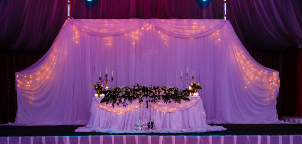 istock Wedding table in the restaurant with flower composition 938372092