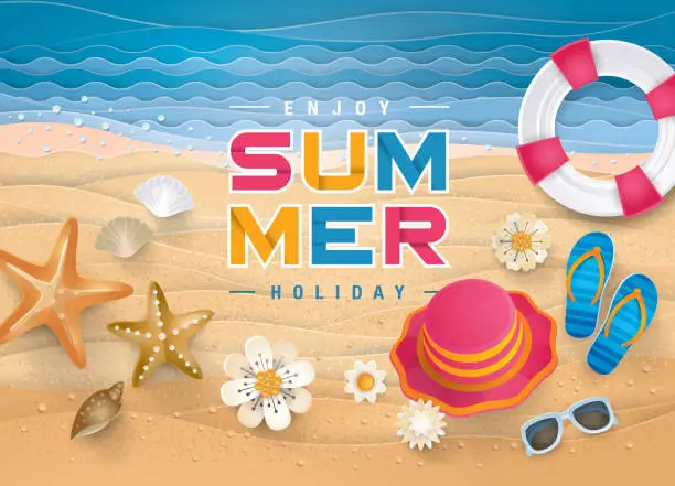 Vector illustration of Best Summer holiday beach vector background, The Sand Sea Shore for Summer Season