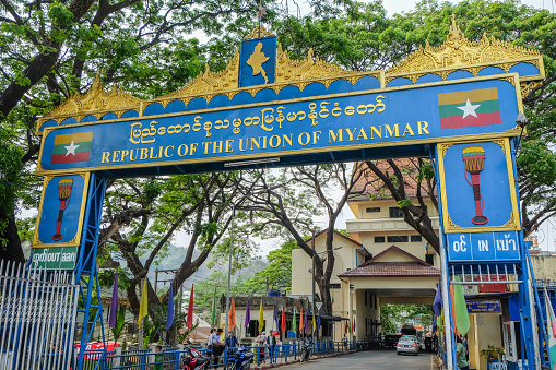 Tachileik, Myanmar - March 29 2017. The border between Mae Sai in Thailand and Tachileik in Myanmar