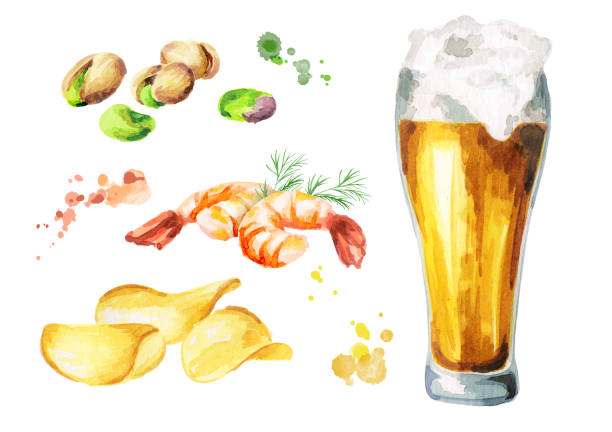 맥주와 스낵 세트입니다. 수채화 - beer nuts food isolated white stock illustrations