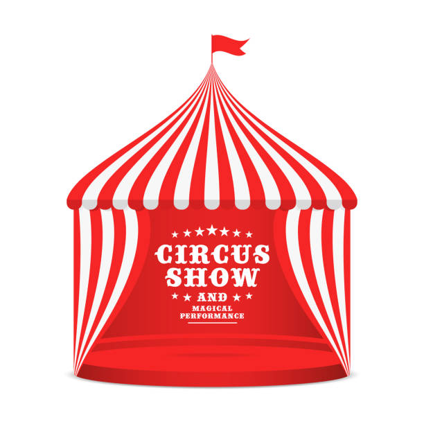 istock Circus tent with striped roof and curtains. Carnival poster for event with circus marquee isolated on white background 938387408