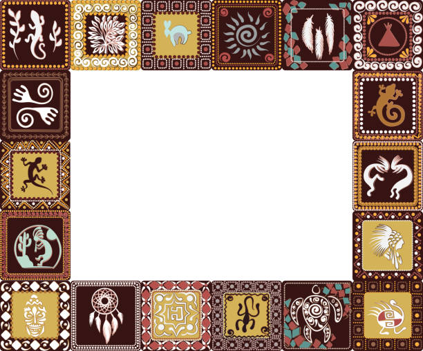 ilustraciones, imágenes clip art, dibujos animados e iconos de stock de marco con la imitación de elementos de arte rupestre - anasazi