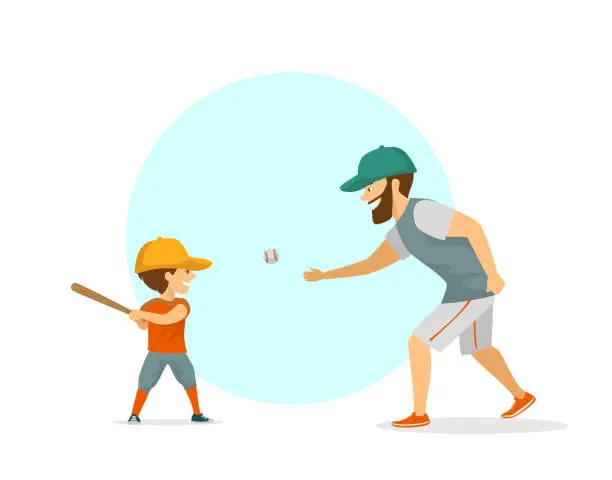 Vector illustration of father and son, boy and man playing baseball scene vector illustration