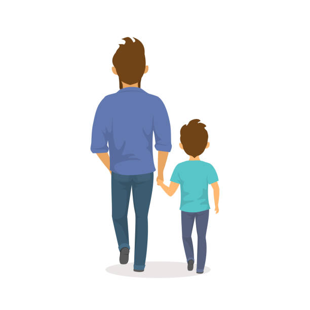 父と息子が一緒に手を繋いで、幸せな父親の日背中側ビュー分離ベクトル イラストのシーンを歩く - family parent walking child点のイラスト素材／クリップアート素材／マンガ素材／アイコン素材