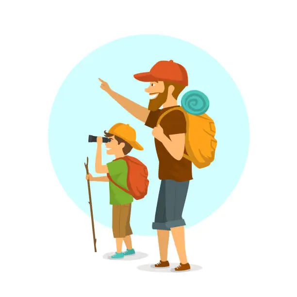 Vector illustration of father and son outdoors, boy and man camping hiking traveling with backpacks isolated cartoon vector illustration scene