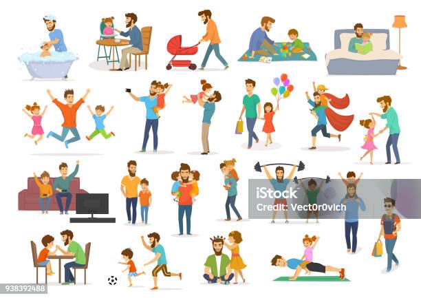 Father And Child Collection Dad With Kids Boy And Girl Have Fun Jump Walk Dance Play Superhero Soccer Video Game Take Selfie Hug Kiss Read Book Exercise Feeding Bathing Stock Illustration - Download Image Now