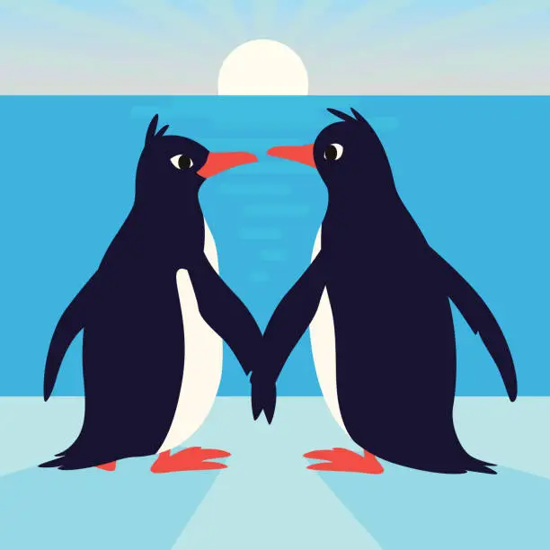 Vector illustration of Cute penguins in love. Family of birds holding their wings and looking at each other. Colorful vector illustration in flat cartoon style on arctic sunrise background. Animal couple.