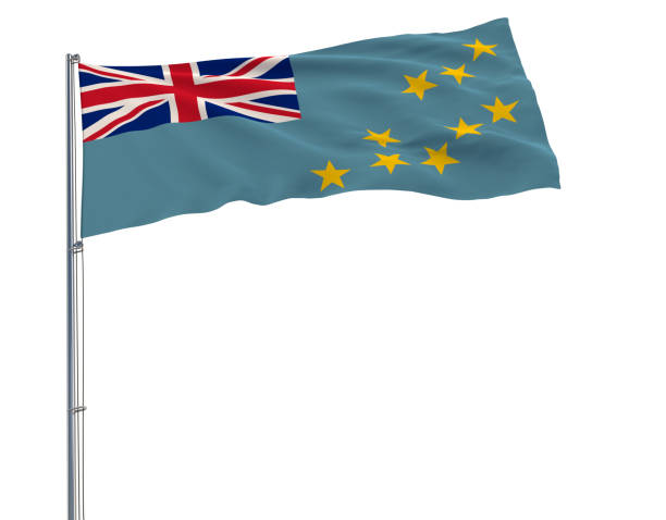 istock Flag of Tuvalu on a flagpole fluttering in the wind on white background, 3d rendering. 938395738