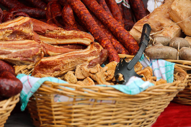 istock Sausage, meat, white pudding, crackling, typical market food 938400274
