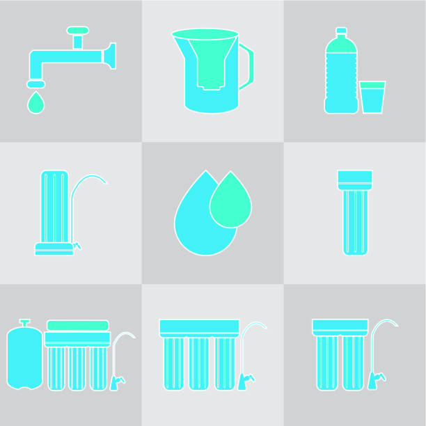 Water filter icon set. Drink and home water purification filters. Different tap  filtration systems for water treatment. Outline vector icon set. Point of use water filters. Water filter icon set. Drink and home water purification filters. Different tap  filtration systems for water treatment. Outline vector icon set. Point of use water filters. water filter stock illustrations