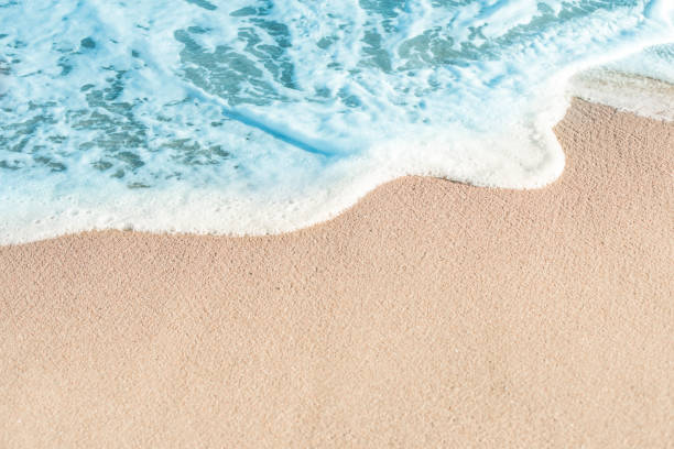 istock Soft Wave of Blue ocean in summer. Sandy Sea Beach  Background with copy space for text.