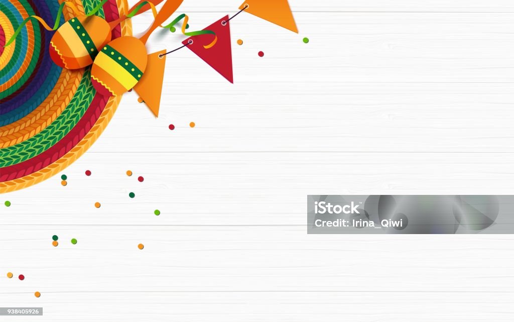 Sombrero, maracas, confetti sur fond en bois blanc. - clipart vectoriel de Mexique libre de droits