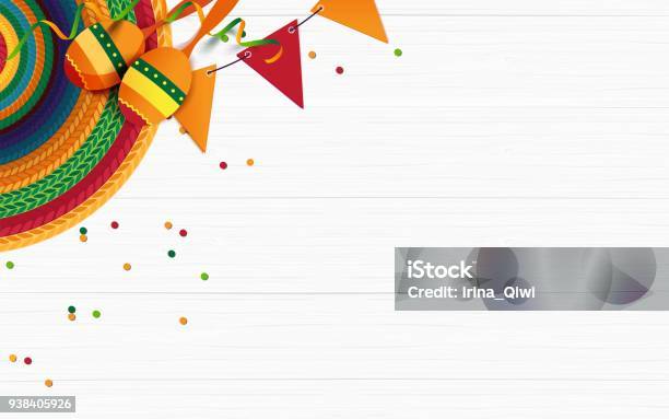 Sombrero Maracas Confetti On White Wooden Background Stock Illustration - Download Image Now