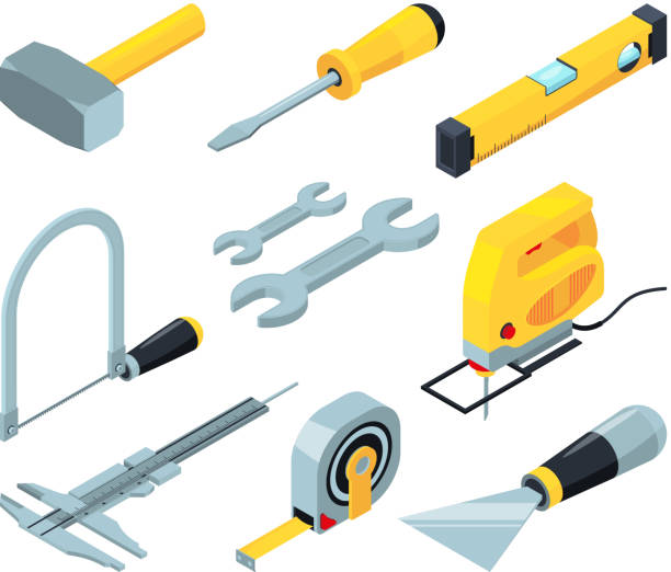 Electronic tools for construction. Isometric pictures set Electronic tools for construction. Isometric pictures set. Isometric of equipment tools, repair and work industry, screwdriver and wrench, vector illustration open end spanner stock illustrations