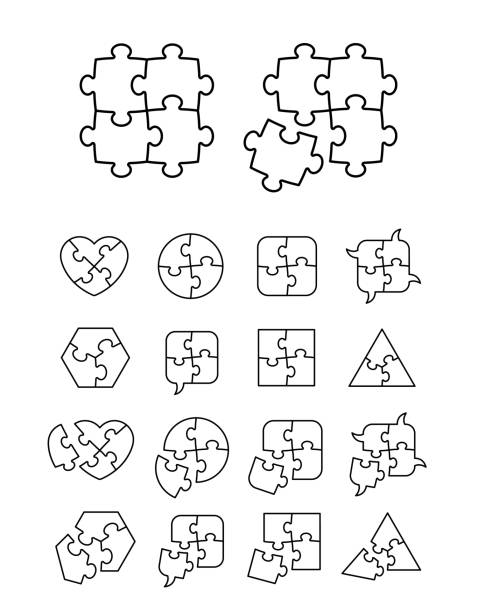 아이콘 세트-완전 하 고 불완전 한 퍼즐 - solution jigsaw piece jigsaw puzzle problems stock illustrations