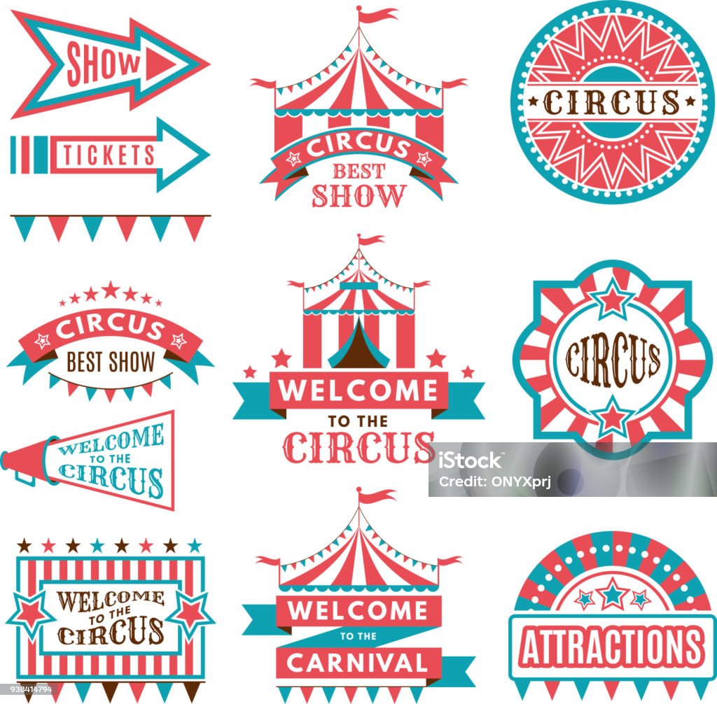 Étiquettes en style rétro. Logos pour les spectacles de cirque - clipart vectoriel de Cirque libre de droits