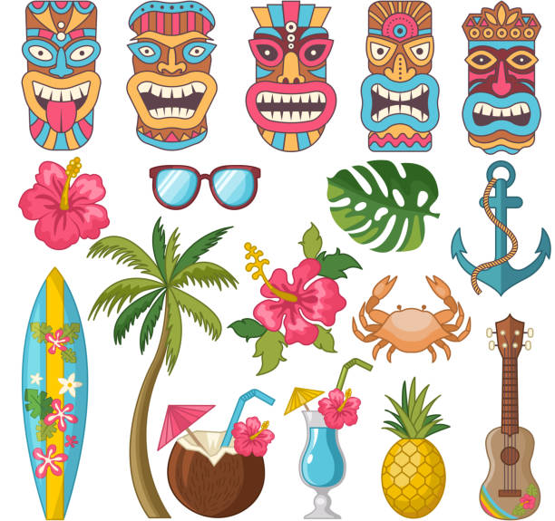 Tribal symbols of hawaiian and african culture Tribal symbols of hawaiian and african culture. Vector african hawaii totem, mask of tribal culture tiki illustration tiki mask stock illustrations
