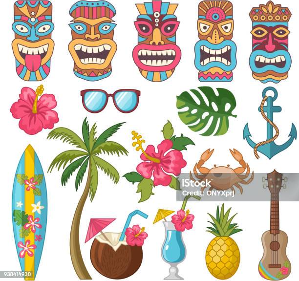 Tribal Symbols Of Hawaiian And African Culture Stock Illustration - Download Image Now - Tiki, Surfboard, Hawaiian Culture