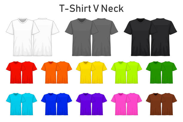 ilustrações de stock, clip art, desenhos animados e ícones de t-shirt v neck color collection set for your design , mockup advertising , blank for printing , vector illustration , white black grey red orange yellow green blue purple pink brown color - set blue brown green