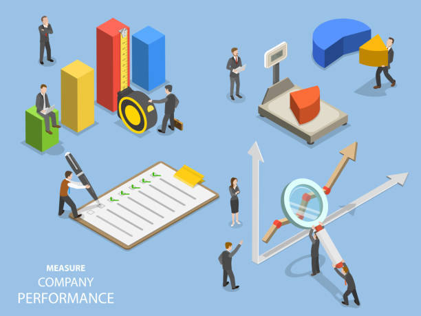 Business benchmarking flat isometric vector. Business benchmarking flat isometric vector. Group of people are measuring company performance. organization improvement risk finance stock illustrations