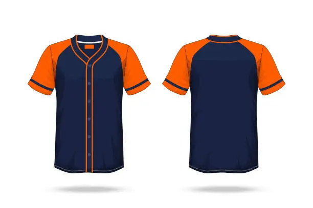 Vector illustration of Specification Baseball T Shirt Dark Blue orange Mockup isolated white background , Blank space on the shirt for the design and placing elements or text on the shirt , blank for printing , illustration