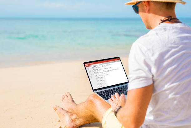 istock Man working with laptop on the beach. 938423616