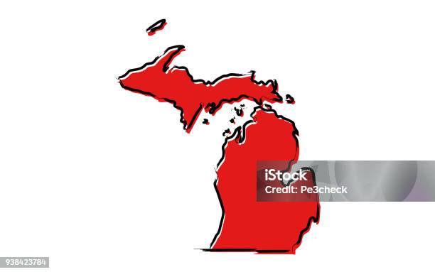 Red Sketch Map Of Michigan Stock Illustration - Download Image Now - Michigan, Map, Vector