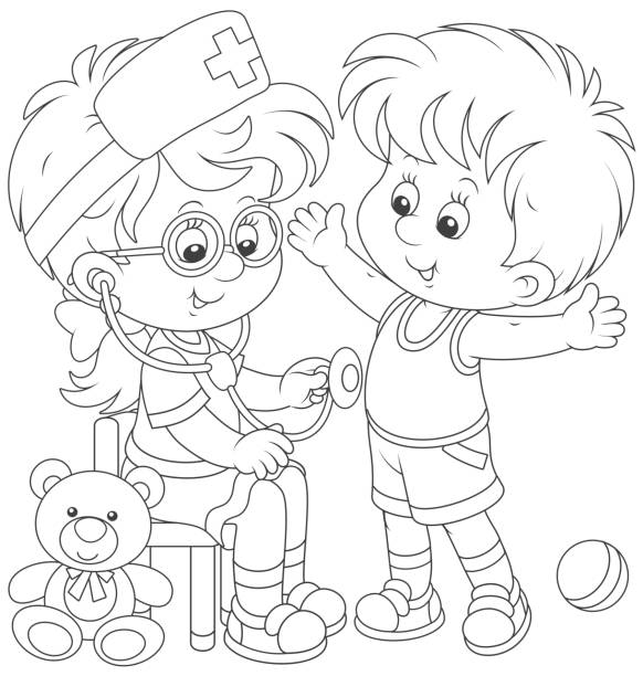 ilustrações, clipart, desenhos animados e ícones de crianças brincando de médico e paciente - baby white background preschool isolated on white