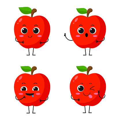 Vector Illustration Flat Apple Cute Character expression emotion collection set isolated on white background , minimal style , Raw materials fresh fruit , Mascot product
