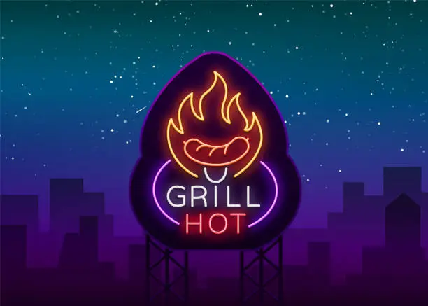 Vector illustration of Grill symbol in a neon style. Vector illustration on the theme of food, meat of the same. Neon sign, bright symbol, Grill bar, restaurant, snack bar, dining room. BBQ party. Bright night advertisement