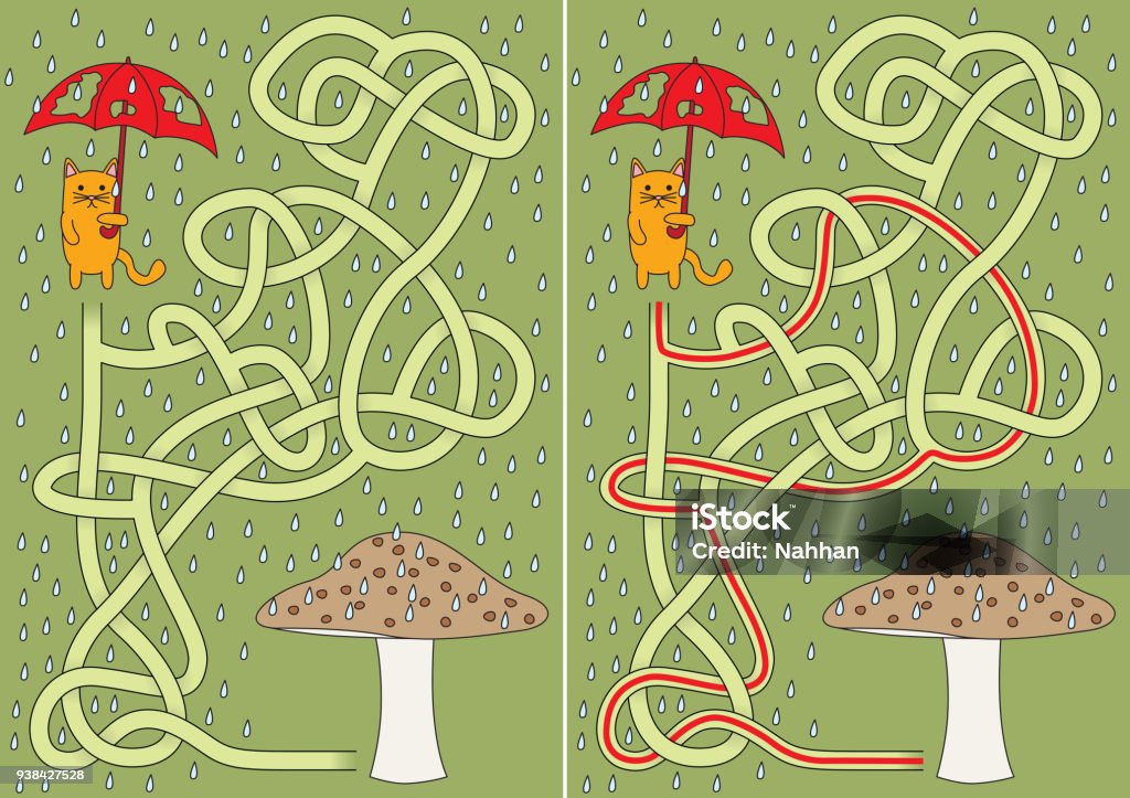 Little cat maze Little cat seeking shelter from rain maze for kids with a solution Maze stock vector