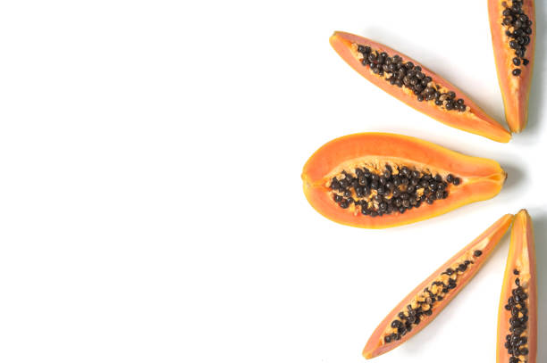 istock slices of ripe papaya on white background. Isolate. Exotic fruit 938438428