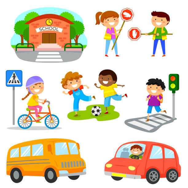 ilustrações de stock, clip art, desenhos animados e ícones de set of cute cartoon kids and objects related to road traffic safety - bus school bus education cartoon