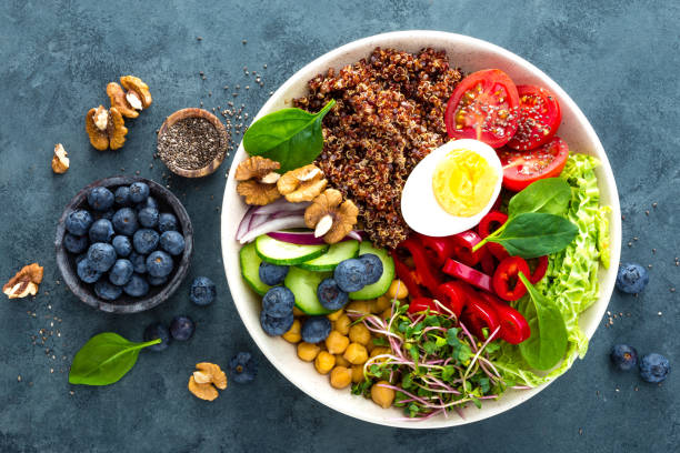 istock Buddha bowl dinner with boiled egg, chickpea, fresh tomato, sweet pepper, cucumber, savoy cabbage, red onion, green sprouts, spinach leaves, blueberry, walnuts, chia and quinoa. Healthy dish, lunch bowl. Detox diet. Balanced food. Top view 938448528