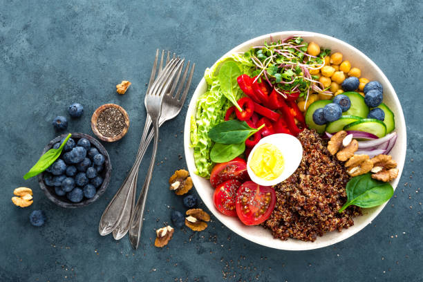 istock Buddha bowl dinner with boiled egg, chickpea, fresh tomato, sweet pepper, cucumber, savoy cabbage, red onion, green sprouts, spinach leaves, blueberry, walnuts, chia and quinoa. Healthy dish, lunch bowl. Detox diet. Balanced food. Top view 938448546