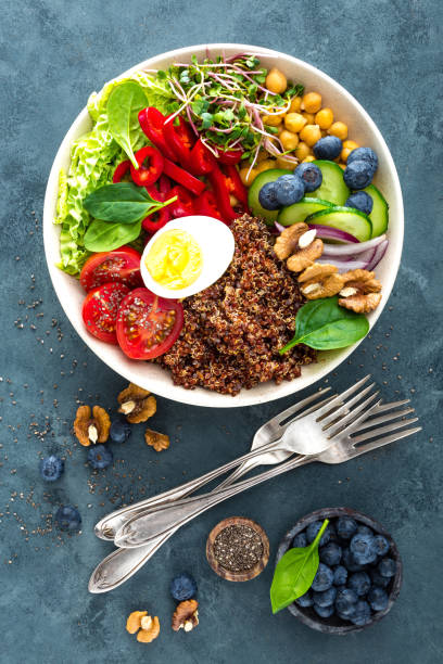 istock Buddha bowl dinner with boiled egg, chickpea, fresh tomato, sweet pepper, cucumber, savoy cabbage, red onion, green sprouts, spinach leaves, blueberry, walnuts, chia and quinoa. Healthy dish, lunch bowl. Detox diet. Balanced food. Top view 938448564