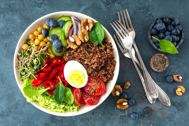 istock Buddha bowl dinner with boiled egg, chickpea, fresh tomato, sweet pepper, cucumber, savoy cabbage, red onion, green sprouts, spinach leaves, blueberry, walnuts, chia and quinoa. Healthy dish, lunch bowl. Detox diet. Balanced food. Top view 938448572