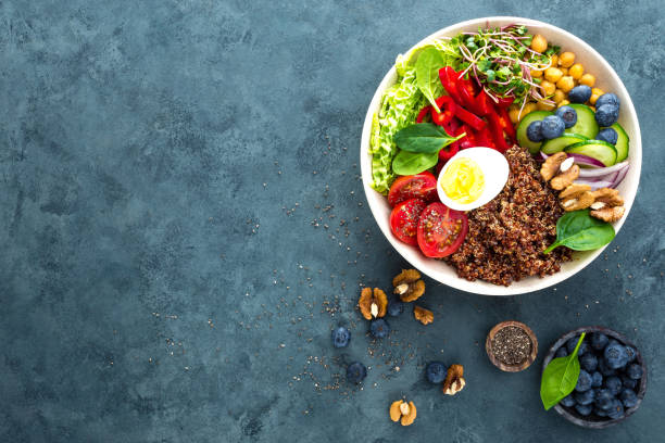 istock Buddha bowl dinner with boiled egg, chickpea, fresh tomato, sweet pepper, cucumber, savoy cabbage, red onion, green sprouts, spinach leaves, blueberry, walnuts, chia and quinoa. Healthy dish, lunch bowl. Detox diet. Balanced food. Top view 938448844