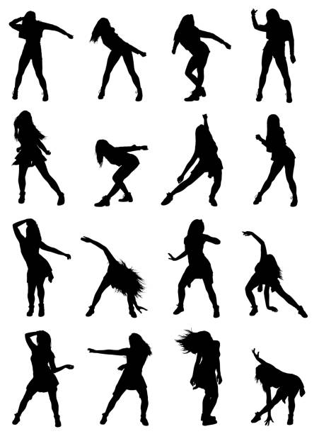 высоко детализированная коллекция женщины позирует танцы джаз танцевальный танец силуэты набор - woman dancing stock illustrations