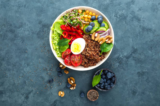 istock Buddha bowl dinner with boiled egg, chickpea, fresh tomato, sweet pepper, cucumber, savoy cabbage, red onion, green sprouts, spinach leaves, blueberry, walnuts, chia and quinoa. Healthy dish, lunch bowl. Detox diet. Balanced food. Top view 938449072