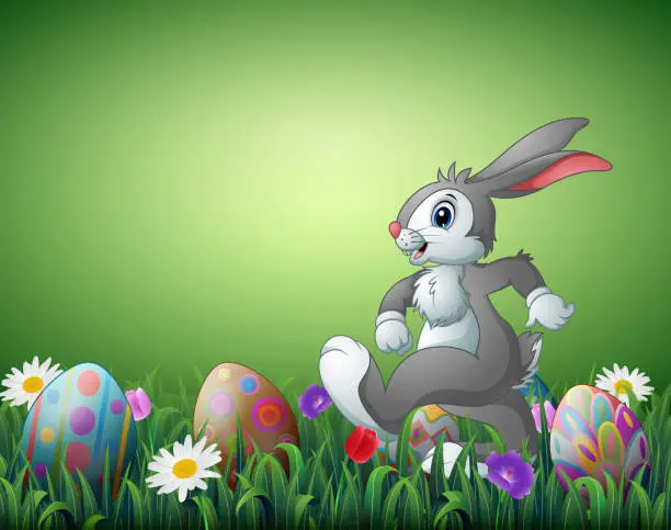 Vector illustration of Happy Easter bunny cartoon with decorated Easter eggs in a field