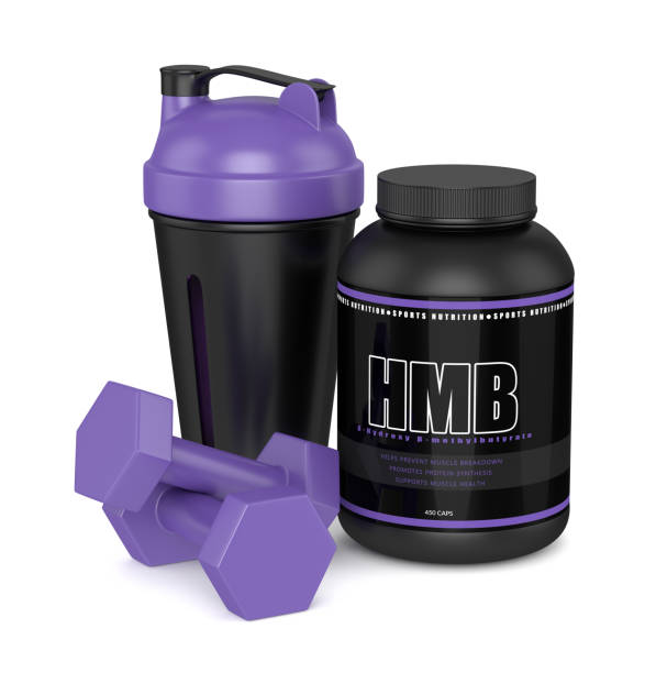 istock 3d render of HMB container with shaker and dumbbells 938450322