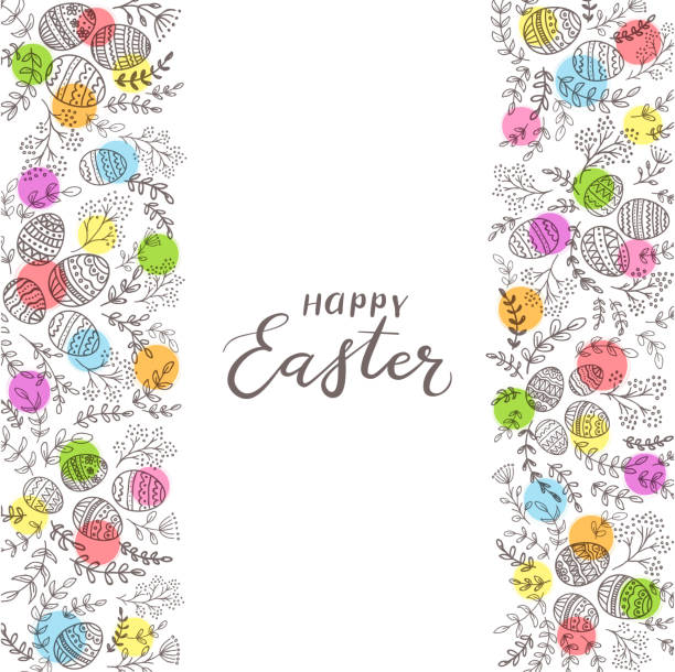 ilustrações de stock, clip art, desenhos animados e ícones de abstract colored circles with eggs and lettering happy easter on white background - easter egg pastel colored text easter