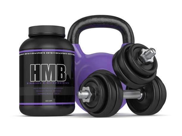 istock 3d render of HMB container with kettlebell and dumbbells 938450430