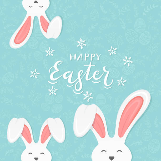 illustrations, cliparts, dessins animés et icônes de oreilles de lapin sur fond bleu avec motif et texte joyeuses pâques - rabbit easter flower frame