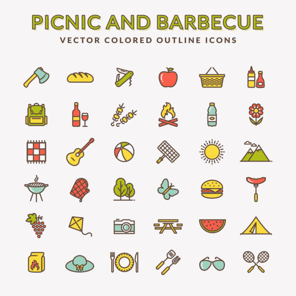 picknick und barbecue farbige gliederung symbole. - picknick stock-grafiken, -clipart, -cartoons und -symbole