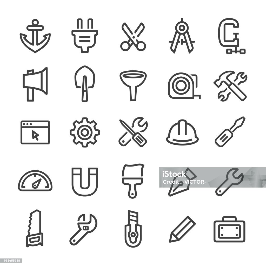 Tools and Settings Icons - Smart Line Series Tools, Settings, toolbox, instrument of measurement, Hardhat stock vector