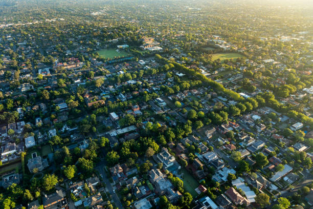 Melbourne suburb in the sunrise Balloon ride from the Melbourne suburbs to the center city victoria australia photos stock pictures, royalty-free photos & images