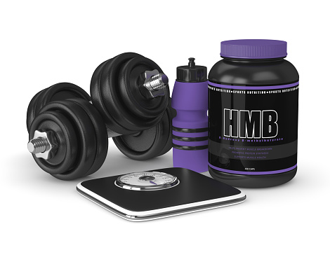 3d render of HMB container with weights, bottle and scale over white background. Sport supplement concept.